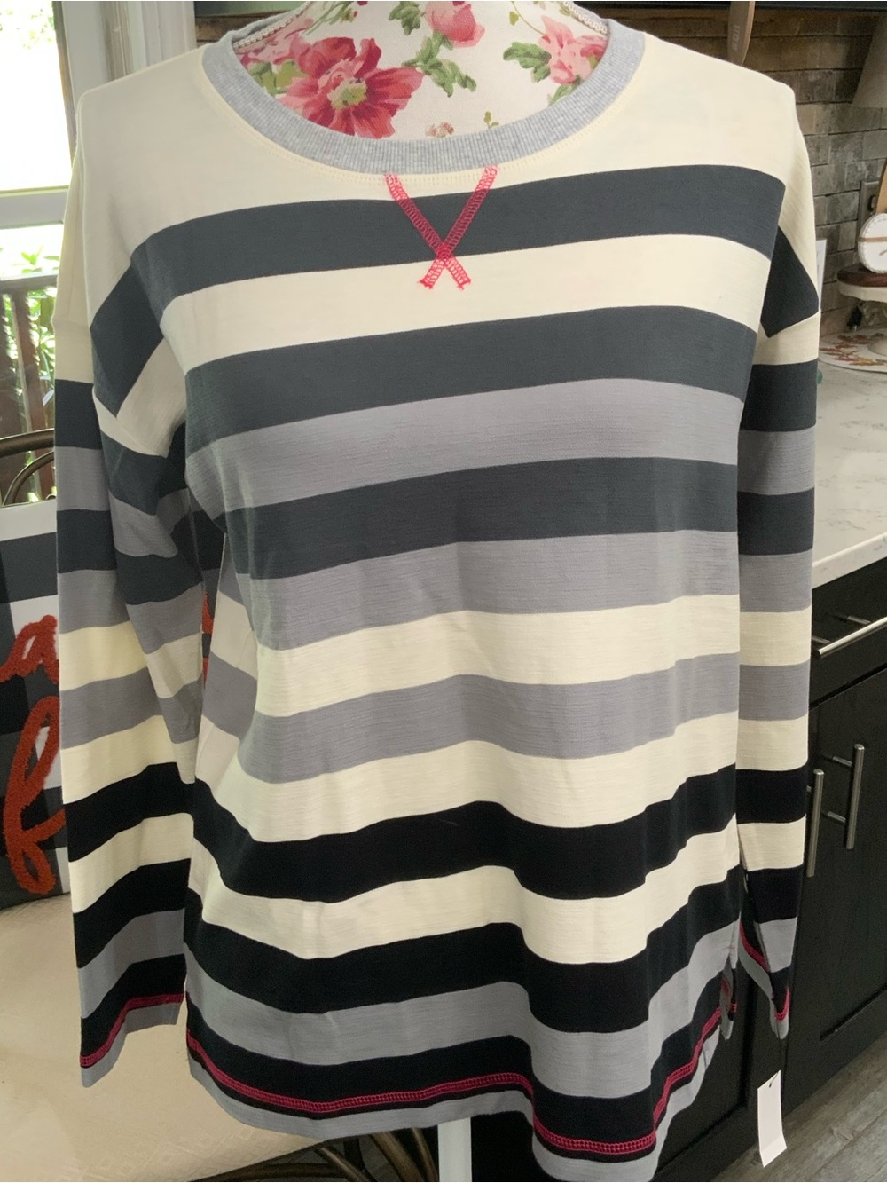 T by Talbots Knit Top Long Sleeve Pullover Gray Cream Stripe Medium Petite New
